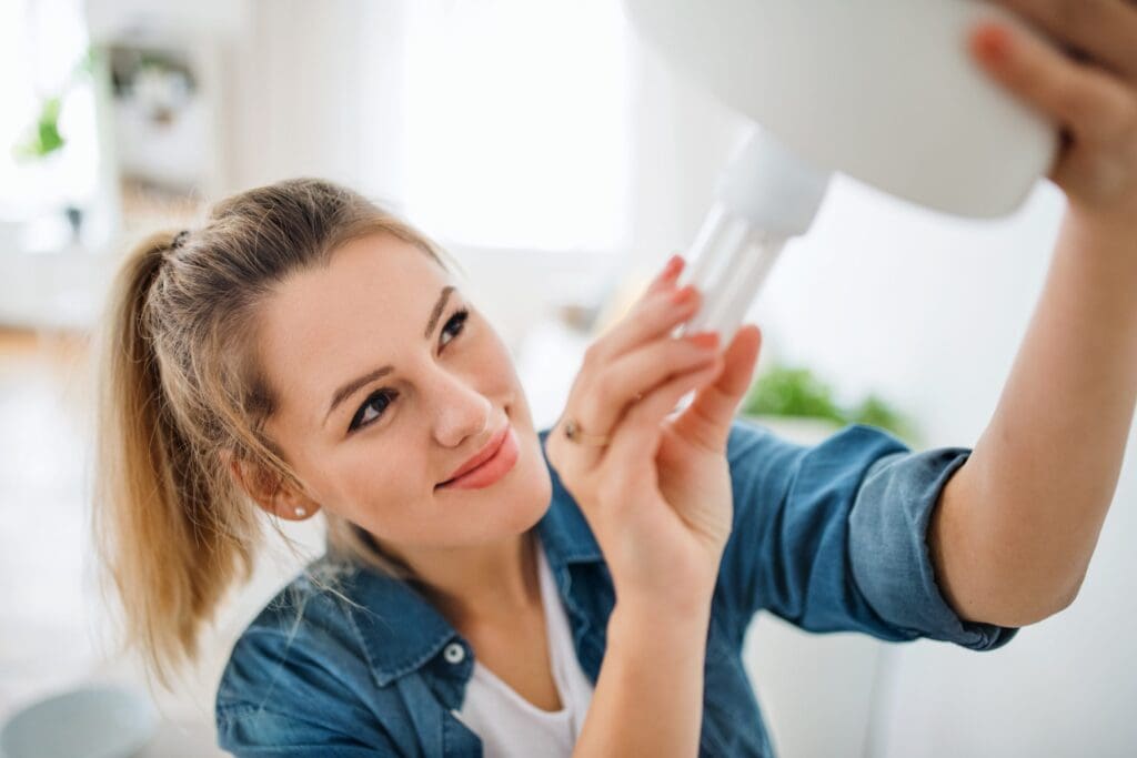 Female holding up white tool to fix electrical system