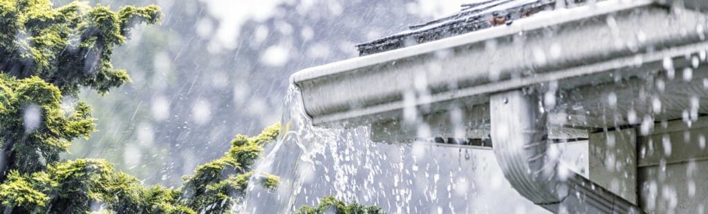 Rooftop of a house with rain water flowing down the sides and through pipes