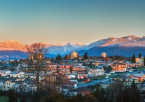 North Burnaby homes, British Columbia, Canada with beautiful North Shore mountains in the background.