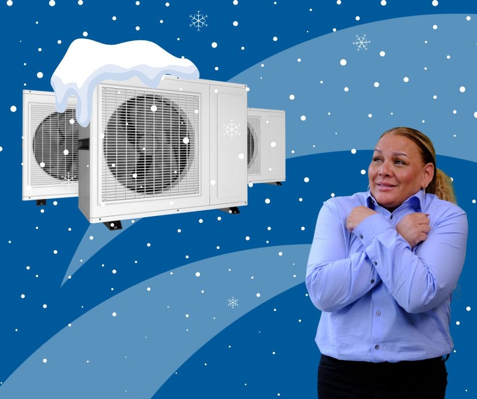 a Reliance tech shivers in the snow and a graphic of a heat pump sits in the corner