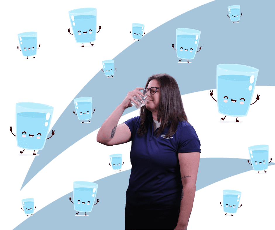 Reliance Home Comfort Advisor drinks a glass of water surrounded by cartoon graphics of water glasses.